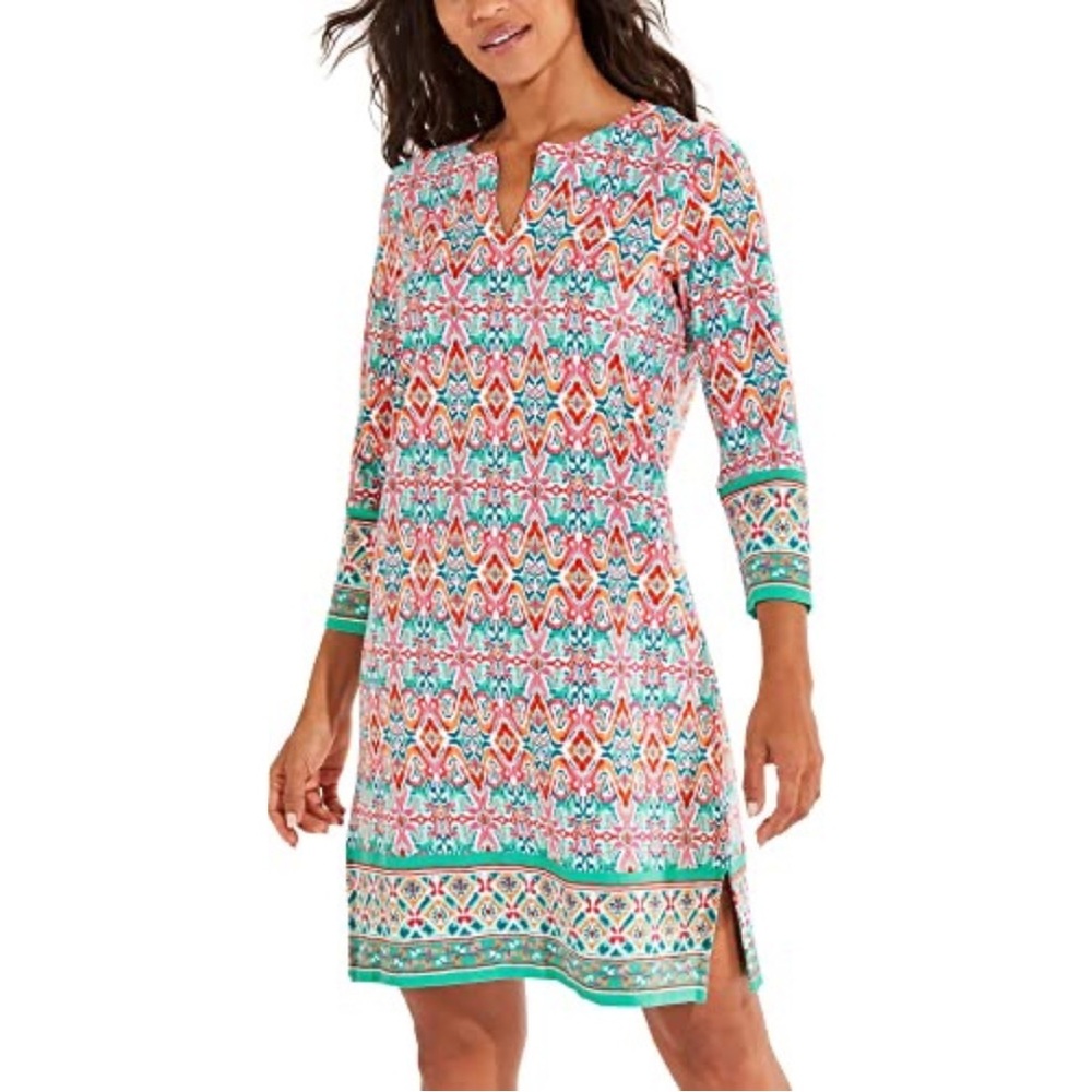 Coolibar Coral, Teal & White Printed Split-Neck Mini Dress